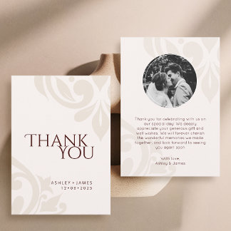 Carte De Remerciements Cream Burgundy Elegant Chic Damask Photo Wedding 