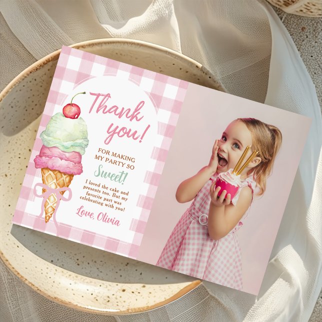 Carte De Remerciements Crème de glace Bow rose En vichy fête d'anniversai (Créateur téléchargé)