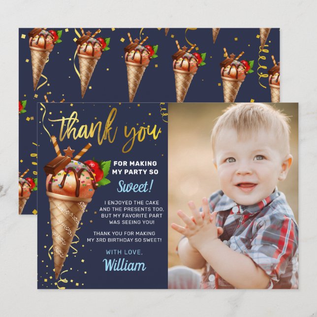 Carte De Remerciements Crème glacée au chocolat d'or Anniversaire Photo b (Devant / Derrière)