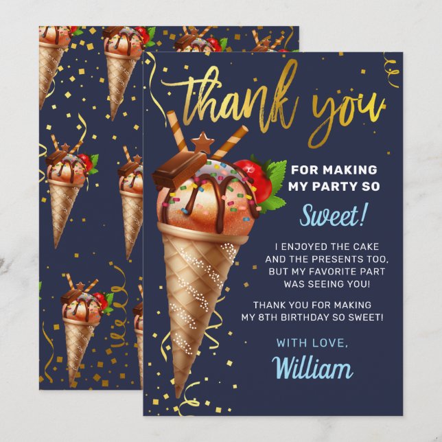 Carte De Remerciements Crème glacée au chocolat doux or Anniversaire bleu (Devant / Derrière)