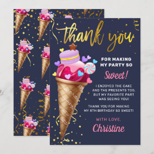 Carte De Remerciements Crème glacée rose doux Anniversaire Marine Bleu