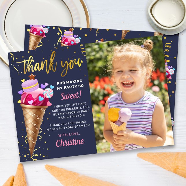 Carte De Remerciements Crème glacée rose or Anniversaire Marine Bleu Phot (Créateur téléchargé)