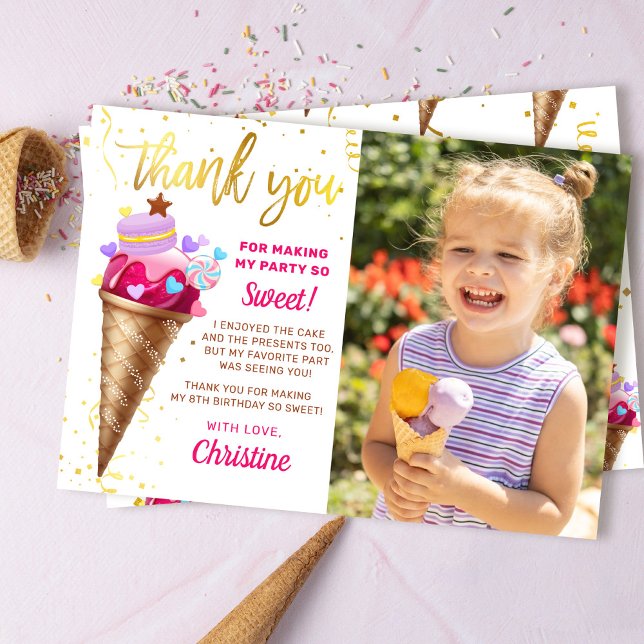 Carte De Remerciements Crème glacée rose or doux Photo Anniversaire (Créateur téléchargé)