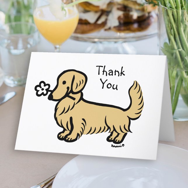 Carte De Remerciements Crème Long Haired Dachshund Tiny Flower (Long Haired Cream Dachshund Tiny Flower Thank You Card for Doxie owners.  Cute Dog Cartoon.)