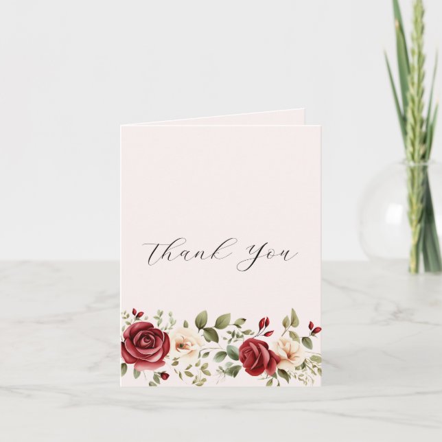 Carte De Remerciements Crème rouge Roses Blush rose Mariage Floral (Devant)