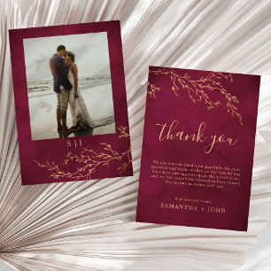 Carte De Remerciements Crimson Red & Gold Botanical Mariage Photo