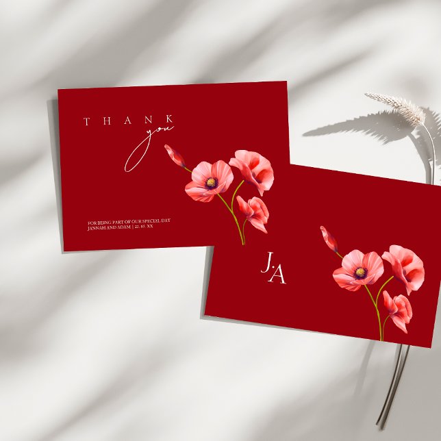 Carte De Remerciements Crimson Red Poppies Fleur sauvage Mariage (Crimson Red Poppies Wildflowers Wedding Thank You Card)