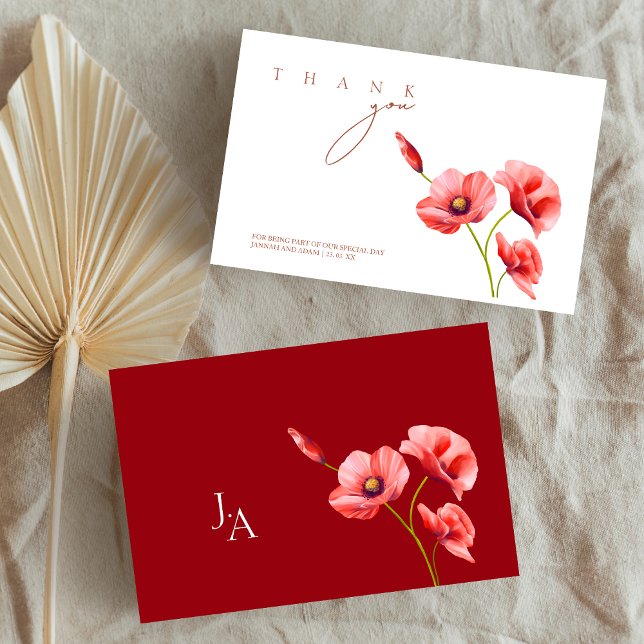 Carte De Remerciements Crimson Red Poppies Mariage floral (Crimson Red Poppies Floral Wedding Thank You Card)