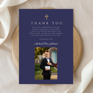 Carte De Remerciements Croix Bleu Marine Garçon Photo Première Communion