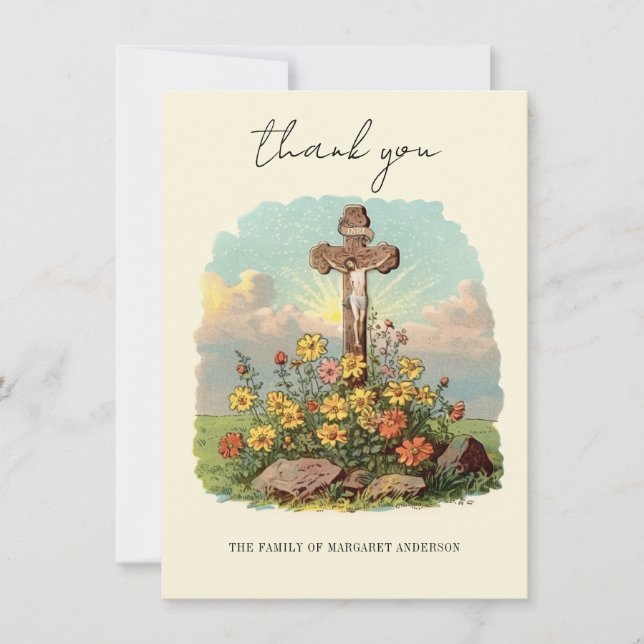 Carte De Remerciements Croix catholique Fleurs Mémorial Funérailles Sympa (Devant)