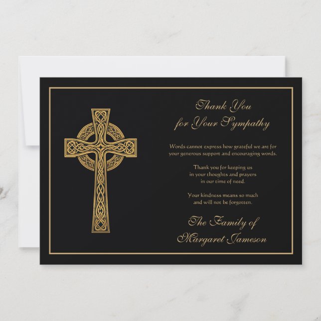 Carte De Remerciements Croix celtique irlandaise Condolence noire et or (Devant)