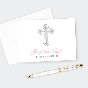Carte De Remerciements Croix d'argent Baby Girl Baptême rose Personnalisé