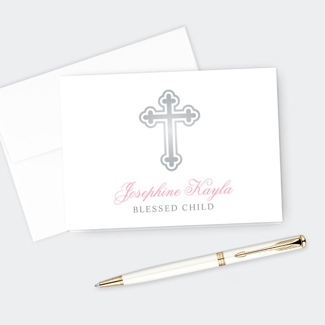 Carte De Remerciements Croix d'argent Baby Girl Baptême rose Personnalisé (Créateur téléchargé)