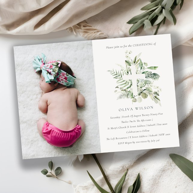 Carte De Remerciements Croix de la faune Eucalyptus Photo Christening Inv (Créateur téléchargé)