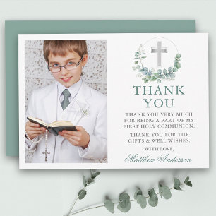 Carte De Remerciements Croix de première communion feuilles d'eucalyptus