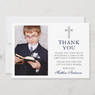 Carte De Remerciements Croix de Première Sainte Communion Bleu Marine Pho