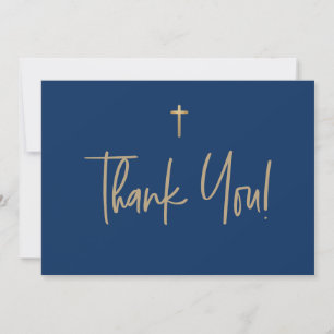 Carte De Remerciements Croix d'or bleu Nom du garçon Première communion