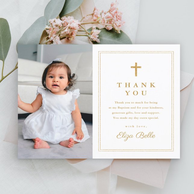 Carte De Remerciements Croix d'or classique Photo religieuse Baptême (Simple photo baptism thank you card with gold cross.)