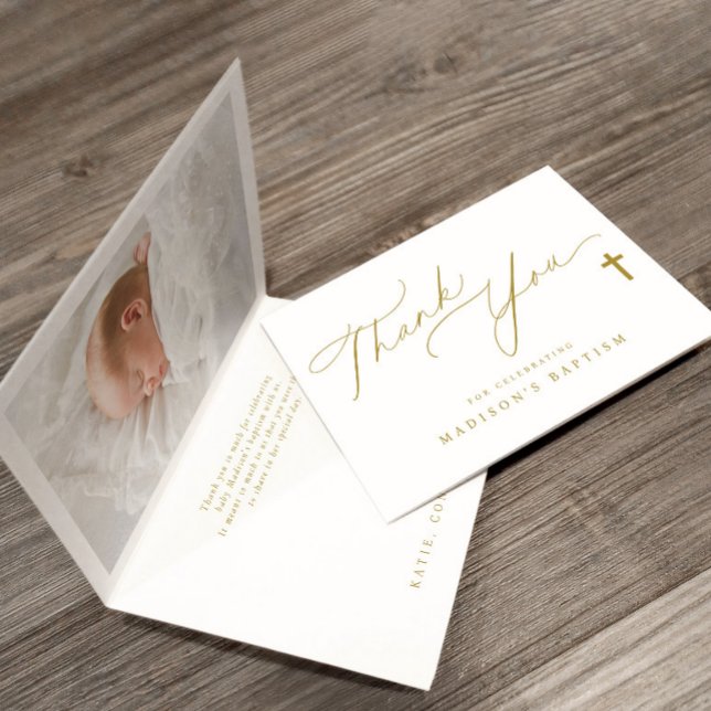 Carte De Remerciements Croix d'or Élégant photo Baptême (Baptism thank you cards - elegant gold cross simple design with baby's photo on inside of card.)