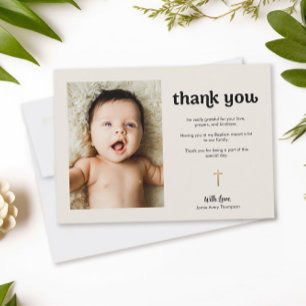 Carte De Remerciements Croix d'or moderne Crème bébé photo Baptême