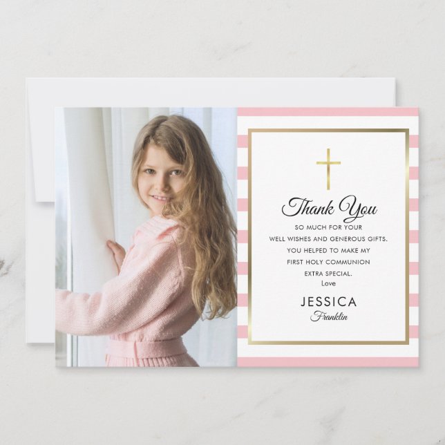 Carte De Remerciements Croix d'or Pink Stripe première Sainte Communion P (Devant)