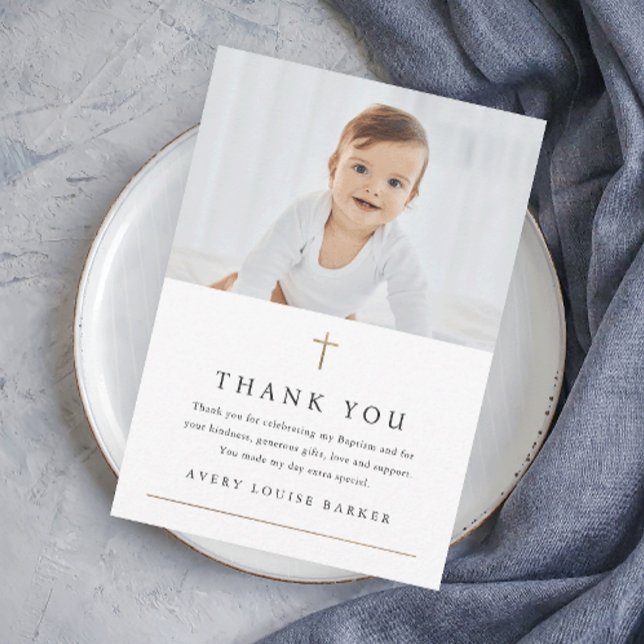 Carte De Remerciements Croix d'or simple photo Baptême religieux (Elegant simple photo baptism thank you card with gold accents and minimalist typography.)