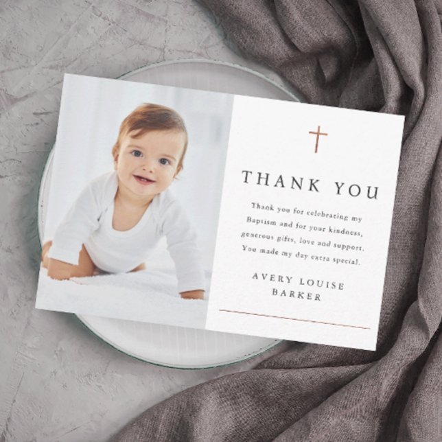 Carte De Remerciements Croix d'or simple Rose photo Baptême religieux (Elegant and simple photo baptism thank you card with rose gold foil cross and minimal typography.)