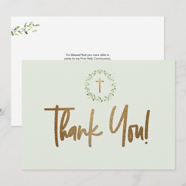 Carte De Remerciements Croix dorée Feuilles aquarelles vertes Première co (Devant / Derrière)