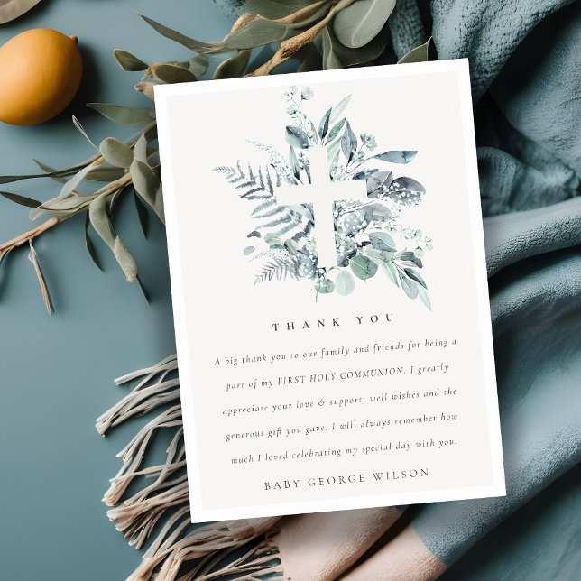 Carte De Remerciements Croix du feuillage Eucalyptus Première communion s (Créateur téléchargé)