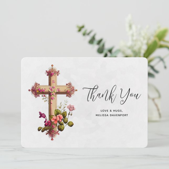 Carte De Remerciements Croix élégante aux fleurs roses (Debout devant)