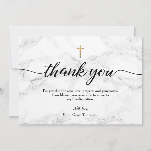 Carte De Remerciements Croix en marbre gris personnalisée or (Devant)