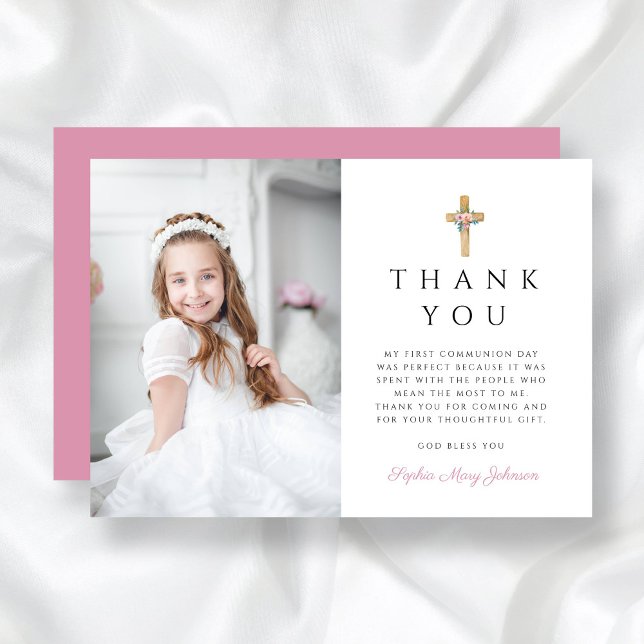 Carte De Remerciements Croix florale moderne photo de la première communi (Modern Floral Cross First Communion Photo Thank You Card)
