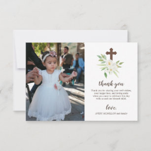 Carte De Remerciements Croix florale verte et blanche pour la première co