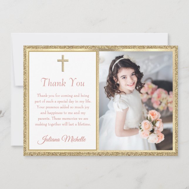 Carte De Remerciements Croix religieuse en or pour la première communion  (Devant)