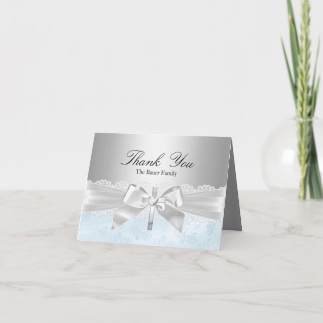 Carte De Remerciements Cross & Lace Bow Blue Baptism Thank You Card (Devant)