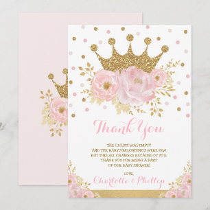 Carte De Remerciements Crown Princess Baby shower Royal Blush Gold Floral