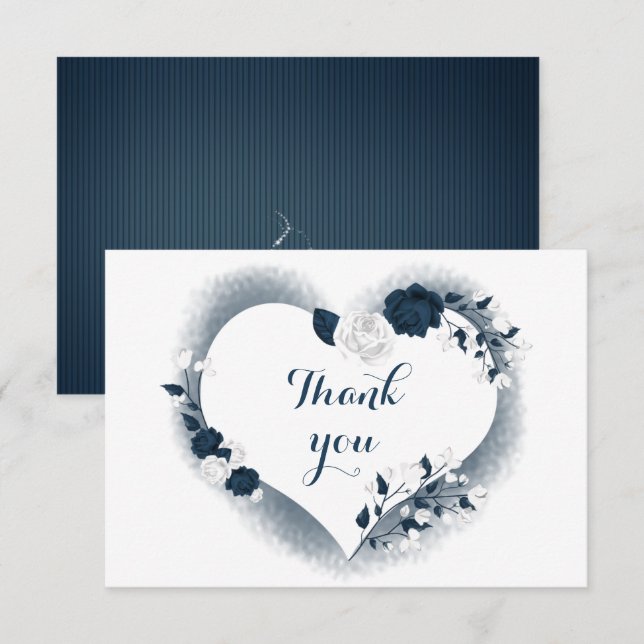 Carte De Remerciements cur floral marine et blanc élégant (Devant / Derrière)