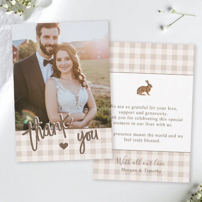 Carte De Remerciements Custom Photo Rustic Beige Gingham And Hare Wedding (Créateur téléchargé)