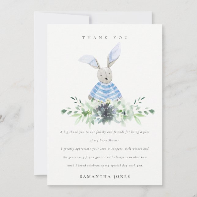 Carte De Remerciements Cute Aqua Blue Bunny Garden Baby shower de feuilla (Devant)