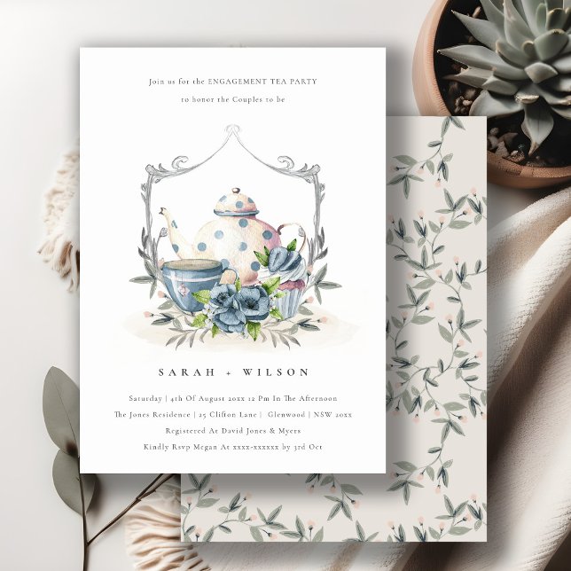 Carte De Remerciements Cute Aqua Blue Floral Teapot Cup Fiançailles Invit (Créateur téléchargé)