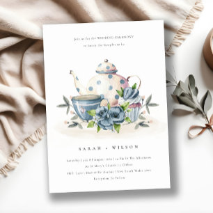 Carte De Remerciements Cute Aqua Blue Floral Teapot Cup Mariage Invitatio