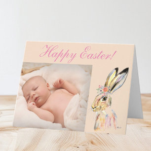 Carte De Remerciements Cute Aquarelle Lapin Lapin Photo Pâques Floral