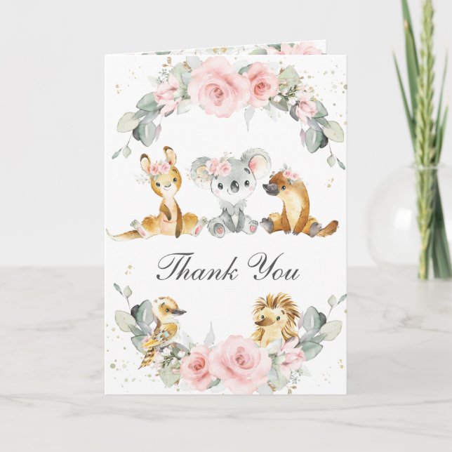 Carte De Remerciements Cute Australian Animals Rose Floral Vert (Devant)