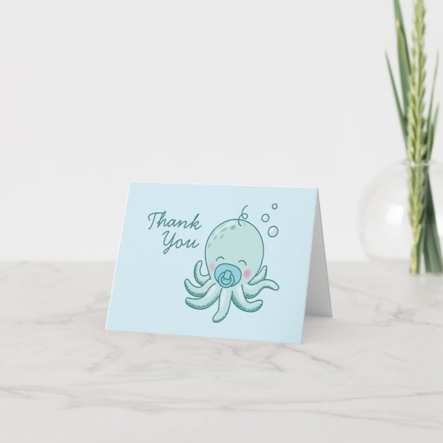 Carte De Remerciements Cute Baby shower Octopus Kawaii Blue Boy (Devant)