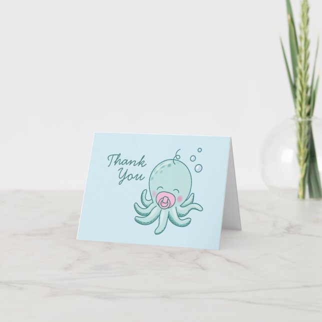 Carte De Remerciements Cute Baby shower Octopus Kawaii fille rose (Devant)