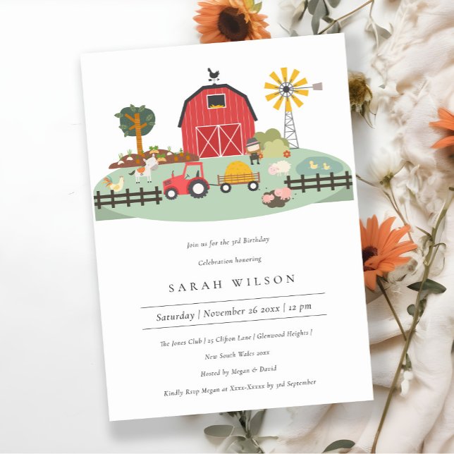 Carte De Remerciements Cute Barnyard Farm Animal N'importe quel âge Anniv (Créateur téléchargé)