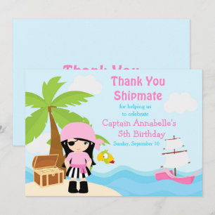 Carte De Remerciements Cute Black Cheveux Pirate Girl Anniversaire Fête