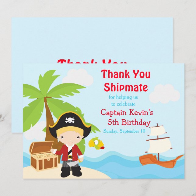 Carte De Remerciements Cute Blonde Pirate Boy Fête d'Anniversaire (Devant / Derrière)