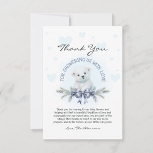 Carte De Remerciements Cute Blue Bow Bear Cub Garçon Baby shower d'hiver