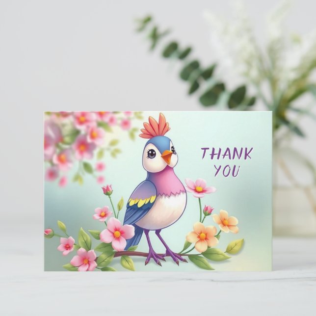 Carte De Remerciements Cute Blue Pink Bird Floral Thank You Card (Debout devant)